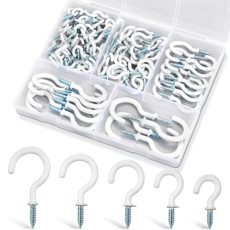 Pylevemv 110Pcs Premium Screw Hooks, 5 Sizes White Vinyl Coated Cup Hook, from1/2 in Small Hooks to 1-1/2 in Ceiling Hooks Heavy Duty, Screw in Hooks for Hanging Plants, String Lights - Image 1